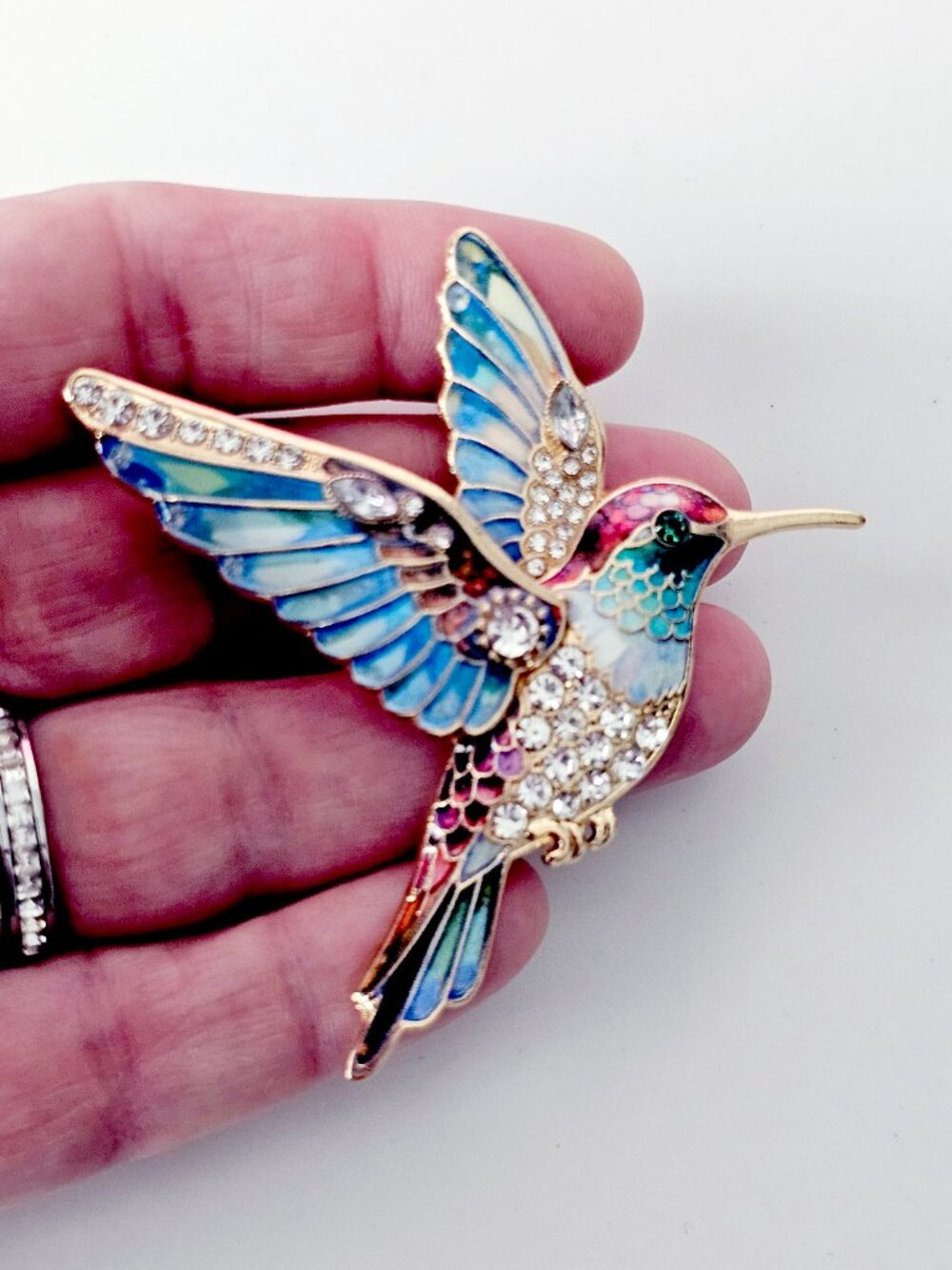 Blue Enamel & Rhinestone Hummingbird Brooch - Picture 5 of 8